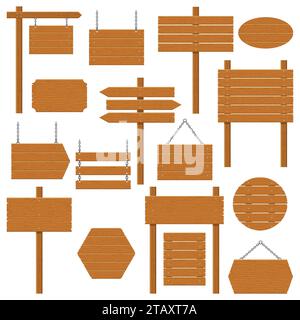 Hölzerne Schilder und Holzdielen isoliert auf weißem Hintergrund. Schilder und Symbole, um eine Nachricht auf der Straße oder Straße zu vermitteln, Embleme, Schilder. Stock Vektor