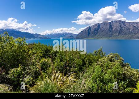 Blick auf den Lake Wanaka von Wanaka und von Aussichtsbereichen. Stockfoto