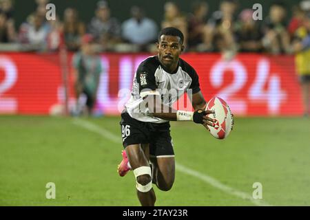 DUBAI, VAE, 3. Dezember 2023. Action vom Emirates Dubai Rugby 7s Turnier 2023. Neuseeland besiegte Fidschi 17-12 und gewann die Bronzemedaille der Männer Stockfoto