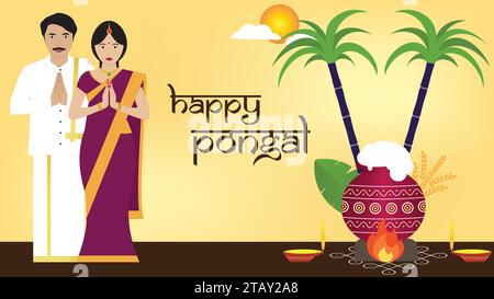 Happy Pongal wünscht Gruß Vektor Illustration. Das Thai Pongal Festival ist ein mehrtägiges Hindufest, das von Tamilen auf der ganzen Welt gefeiert wird Stock Vektor