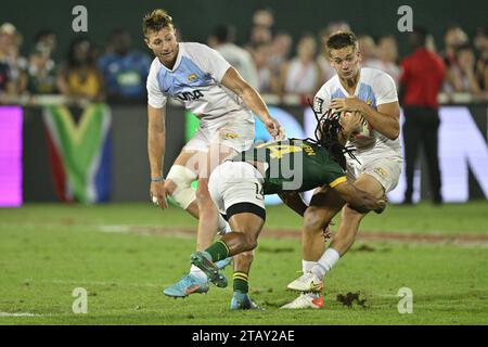 DUBAI, VAE, 3. Dezember 2023. Action vom Emirates Dubai Rugby 7s Turnier 2023. Südafrika besiegte Argentinien 12-7 und holte damit den fünften Pokal der Emirates Dubai 7s in Folge Stockfoto