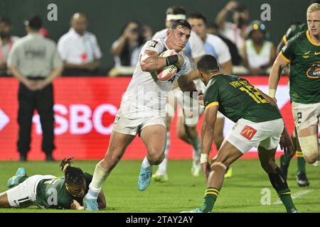 DUBAI, VAE, 3. Dezember 2023. Action vom Emirates Dubai Rugby 7s Turnier 2023. Südafrika besiegte Argentinien 12-7 und holte damit den fünften Pokal der Emirates Dubai 7s in Folge Stockfoto