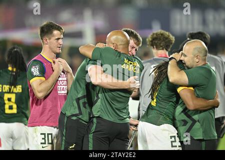 DUBAI, VAE, 3. Dezember 2023. Action vom Emirates Dubai Rugby 7s Turnier 2023. Südafrika besiegte Argentinien 12-7 und holte damit den fünften Pokal der Emirates Dubai 7s in Folge Stockfoto