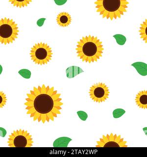 Sonnenblume mit grünen Blättern nahtloses Muster. Sonnenblumen auf weißem Hintergrund Vektorillustration Stock Vektor