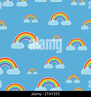 Aufkleber mit Regenbogen- und Wolkenmuster auf blauem Hintergrund. Naturzeichen Wolke Regenbogenspektrum. Regenbogensymbol der Wetterkurve, abstrakte Grafik Stock Vektor