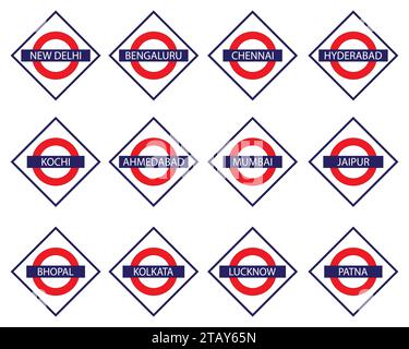 Eisenbahn Namensschild der großen indischen Städte wie Mumbai, Delhi, Chennai, Kalkutta, Bangalore usw. Vektorillustration Stock Vektor
