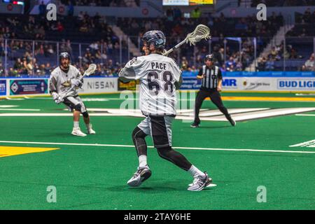2. Dezember 2023: Calgary Roughnecks Tyler Pace (68) läuft mit dem Ball im zweiten Quartal gegen die Rochester Knighthawks. Die Rochester Knighthawks waren Gastgeber der Calgary Roughnecks in einem Spiel der National Lacrosse League in der Blue Cross Arena in Rochester, New York. (Jonathan Tenca/CSM) Stockfoto