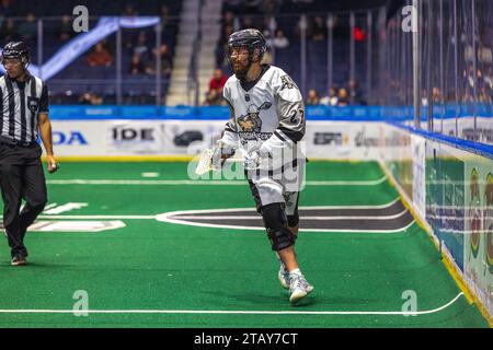 2. Dezember 2023: Josh Currier (27) führt den Ball im vierten Quartal gegen die Rochester Knighthawks. Die Rochester Knighthawks waren Gastgeber der Calgary Roughnecks in einem Spiel der National Lacrosse League in der Blue Cross Arena in Rochester, New York. (Jonathan Tenca/CSM) Stockfoto