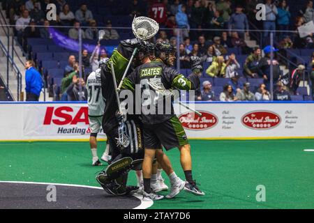 2. Dezember 2023: Die Spieler von Rochester Knighthawks feiern einen Sieg gegen die Calgary Roughnecks. Die Rochester Knighthawks waren Gastgeber der Calgary Roughnecks in einem Spiel der National Lacrosse League in der Blue Cross Arena in Rochester, New York. (Jonathan Tenca/CSM) Stockfoto