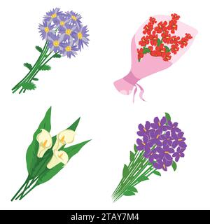 Blumensträuße Blumen auf weißem Hintergrund. Blumenstrauß für Hochzeit oder valentinstag. Geburtstagsblume Geschenk. Vektorabbildung Stock Vektor