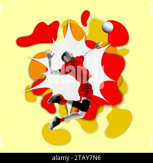 Junger Mann, Athlet während des Spiels, Volleyballspieler, der Ball in einem Sprung über farbenfrohen Hintergrund schlägt. Zeitgenössische Kunstcollage. Kreatives Sportposter Stockfoto
