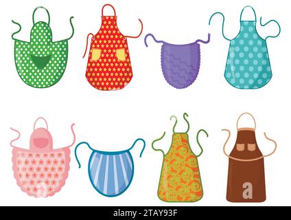 Set von Küchenschürzen mit Mustern isoliert auf weißem Hintergrund. Schutzkleidung. Kochkleidung für Hausfrau oder Küchenchef des Restaurants. Stock Vektor