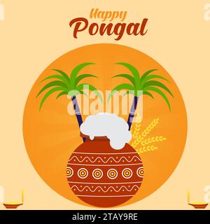 Happy Pongal wünscht Gruß Vektor Illustration. Das Thai Pongal Festival ist ein mehrtägiges Hindufest, das von Tamilen auf der ganzen Welt gefeiert wird Stock Vektor