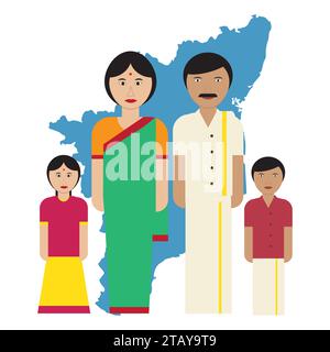 Menschen von Tamil Nadu zusammen mit Tamil Nadu Karte, südindische Volk Vektor-Illustration Stock Vektor