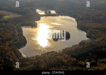 Luftbild, Naturschutzgebiet NSG Kirchheller Heide, Herbstwald mit Heidesee im Gegenlicht, umgeben von herbstlichen Laubbäumen, Kirchhellen-Süd, Bottrop, Ruhrgebiet, Nordrhein-Westfalen, Deutschland ACHTUNGxMINDESTHONORARx60xEURO *** Luftsicht, Naturschutzgebiet NSG Kirchheller Heide, Herbstwald mit Heidesee im Hintergrund, umgeben von herbstlichen Laubbäumen, Kirchhellen Süd, Bottrop, Ruhrgebiet, Nordrhein-Westfalen, Deutschland ACHTUNGxMINDESTHONORARx60xEURO Credit: Imago/Alamy Live News Stockfoto