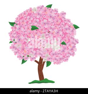 Blühender rosafarbener Baum isoliert auf weißem Hintergrund. Frühling blühender Baum mit Blumen. Apfelbaum, Kirsche und Sakura. Vektorabbildung Stock Vektor