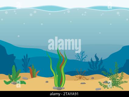 Unterwasserlandschaft mit Algen. Meereslandschaft mit Riff. Meeresboden-Silhouette mit Meeresalgen. Naturszene im flachen Cartoon-Stil. Stock Vektor