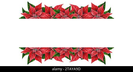 Weihnachten Aquarellrahmen mit Weihnachtsstern Blumen, handgemalte Aquarellillustration isoliert auf weiß. Blumenillustration für Weihnachtsdekoration Stockfoto
