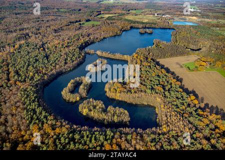 Luftbild, Naturschutzgebiet NSG Kirchheller Heide, Herbstwald mit Heidesee, umgeben von herbstlichen Laubbäumen, Kirchhellen-Süd, Bottrop, Ruhrgebiet, Nordrhein-Westfalen, Deutschland ACHTUNGxMINDESTHONORARx60xEURO *** Luftsicht, Naturschutzgebiet NSG Kirchheller Heide, Herbstwald mit Heidesee, umgeben von herbstlichen Laubbäumen, Kirchhellen Süd, Bottrop, Ruhrgebiet, Nordrhein-Westfalen, Deutschland ACHTUNGxMINDESTHONORARx60xEURO Credit: Imago/Alamy Live News Stockfoto