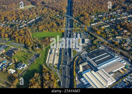 Luftbild, Autobahn-Rastplatz Schwarze Heide und Süd der Autobahn A2, Toom Baumarkt Pflanzenlager und REWE-Zentral AG Pflanzenlager, umgeben von herbstlichen Laubbäumen, Fuhlenbrock, Bottrop, Ruhrgebiet, Nordrhein-Westfalen, Deutschland ACHTUNGxMINDESTHONORARx60xEURO *** Luftsicht, Autobahnrastplatz Schwarze Heide und südlich der Autobahn A2, Werklager Toom Baumarkt und Werkslager REWE Zentral AG, umgeben von herbstlichen Laubbäumen, Fuhlenbrock, Bottrop, Ruhrgebiet, Nordrhein-Westfalen, Deutschland ACHTUNGxMINDESTHONORARx60xEURO Credit: Imago/Alamy Live News Stockfoto