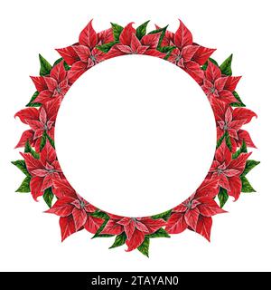 Weihnachtskranz mit Weihnachtsstern, handgezeichnete Aquarellillustration isoliert auf weiß. Runder Rahmen mit Blumenillustration für Weihnachten Stockfoto