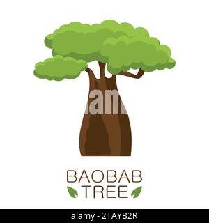 Afrikanisches Baobab-Baumsymbol mit lokalisiertem Text auf weißem Hintergrund. Vektorabbildung Stock Vektor