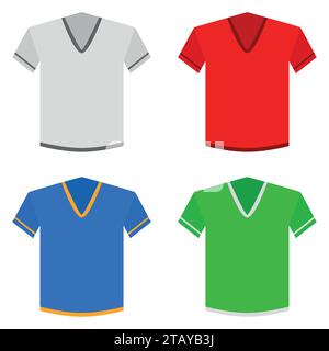 Klassisches T-Shirt-Set im flachen Stil. Hemden farbige Vorlagen Symbole auf weißem Hintergrund. Vektor-Illustration Kleidung Stock Vektor