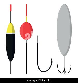 Stellen Sie Spulen und Haken auf weißem Hintergrund auf. Angelzubehör im flachen Stil. Vektorabbildung Stock Vektor