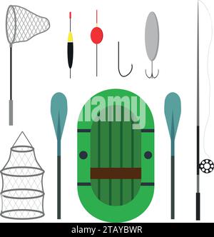 Symbole für unterschiedliche Angelausrüstung auf weißem Hintergrund. Fischerboot, Ausrüstung, Landenetz und Spinning. Vektorabbildung Stock Vektor