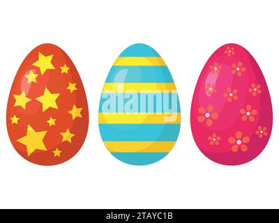 Cartoon Happy easter nette bunte Eier Vektor-Set. Traditionelles Symbol von Ostern isoliert auf weißem Hintergrund. Vektorabbildung Stock Vektor