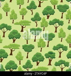 Nahtloses Muster mit stilisierten Bäumen. Grüner Baum im Zeichentrickgarten. Naturwald und Park. Frühlings- oder Sommerbäume. Vektorabbildung Stock Vektor