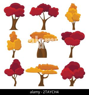 Stellen Sie die Herbstbäume flach in Szene. Zeichentrickgarten gelb und rot. Natur Umwelt organisch. Cartoon-Baum im Herbst goldene Blätter für den Stadtpark Stock Vektor