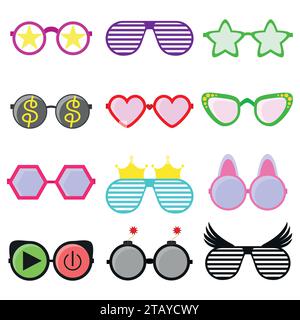 Vector Party Sonnenbrille oder Brille in lustiger Form. Zubehör für Hipster Mode optische Brille Sehsicht. Farbenfrohe Sonnenbrille Stock Vektor