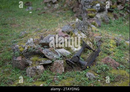 Detail einer alten Nähmaschine, die auf dem Boden zwischen Unkraut und Vegetation liegt Stockfoto