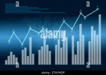 Bankkonto, Statistik und Anlageanalytisches Hologramm auf virtuellem Bildschirm. Finanz- und Handelskonzept. 3D-Rendering Stockfoto