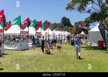 Weihnachtsmarkt im Freien mit Ständen und Fahnen, Narrabeen, Sydney, NSW, Australien 2023 Stockfoto