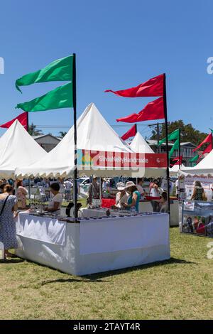 Weihnachtsmarkt im Freien mit Ständen und Fahnen, Narrabeen, Sydney, NSW, Australien 2023 Stockfoto