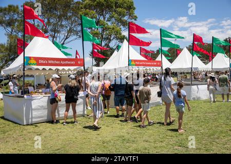 Weihnachtsmarkt im Freien mit Ständen und Fahnen, Narrabeen, Sydney, NSW, Australien 2023 Stockfoto