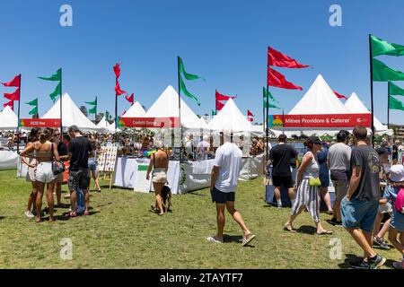 Weihnachtsmarkt im Freien mit Ständen und Fahnen, Narrabeen, Sydney, NSW, Australien 2023 Stockfoto