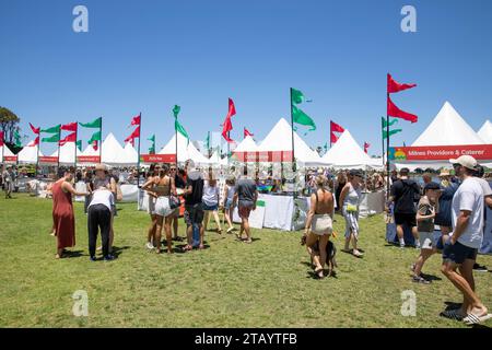 Weihnachtsmarkt im Freien mit Ständen und Fahnen, Narrabeen, Sydney, NSW, Australien 2023 Stockfoto