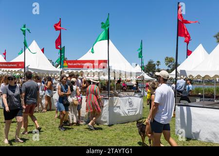 Weihnachtsmarkt im Freien mit Ständen und Fahnen, Narrabeen, Sydney, NSW, Australien 2023 Stockfoto