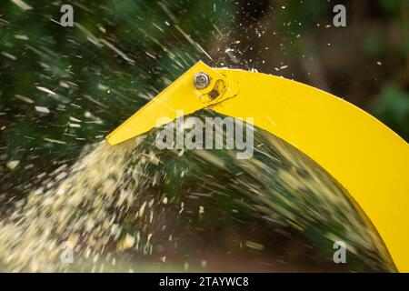Gartenabfälle, die von einem Häcksler geschreddert werden. Ökologischer Dünger. Stockfoto