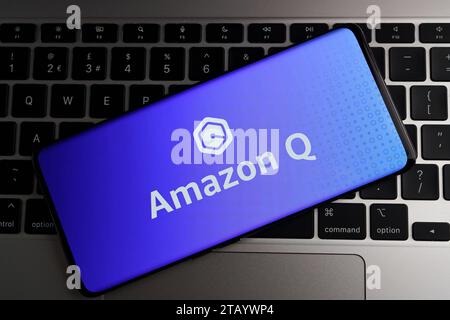 Amazon Q AI-Logo auf dem Smartphone-Bildschirm. Neuer generativer KI-Assistent, KI-Chatbot für Unternehmen. Stafford, Großbritannien, 3. Dezember 2023 Stockfoto