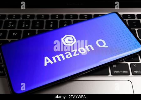 Amazon Q AI-Logo auf dem Smartphone-Bildschirm. Neuer generativer KI-Assistent, KI-Chatbot für Unternehmen. Stafford, Großbritannien, 3. Dezember 2023 Stockfoto