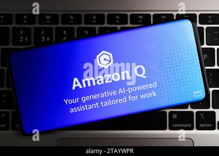 Amazon Q AI-Logo auf dem Smartphone-Bildschirm. Neuer generativer KI-Assistent, KI-Chatbot für Unternehmen. Stafford, Großbritannien, 3. Dezember 2023 Stockfoto