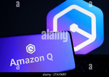 Amazon Q AI-Logo auf dem Smartphone-Bildschirm. Neuer generativer KI-Assistent, KI-Chatbot für Unternehmen. Stafford, Großbritannien, 3. Dezember 2023 Stockfoto