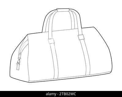 Weekender Bowlingtasche mit Silhouette. Mode Accessoire technische Illustration. Vektor-Umhängetasche vorne 3-4 Ansicht für Männer, Frauen, Unisex-Stil, flache Handtasche CAD Modell Skizze Umriss isoliert Stock Vektor