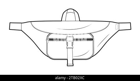 Umbautasche im Taillenbund. Mode Accessoire technische Illustration. Vektor-Umhängetasche vorne 3-4 Ansicht für Männer, Frauen, Unisex-Stil, flache Handtasche CAD Modell Skizze Umriss isoliert Stock Vektor