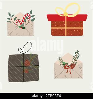 Weihnachtsumschläge. Neujahrsbriefe. Geschenkkarten, Briefumschläge. Stock Vektor