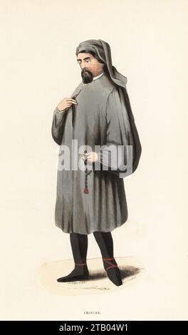 Geoffrey Chaucer, englischer Dichter und Autor der Canterbury Tales, um 1340–1400. In grauem Chaperon und Tunika mit Rosenkranzperlen. Nach einem Manuskriptporträt aus dem 15. Jahrhundert im British Museum. Geoffroi Chaucer, XIVe Siecle. Handkolorierter Holzschnitt von AT. Pannemaker und H. Estaquier aus dem Costume du Moyen Age, Medieval Costume, Librairie Historique-Artistique, Brüssel, 1847. Stockfoto